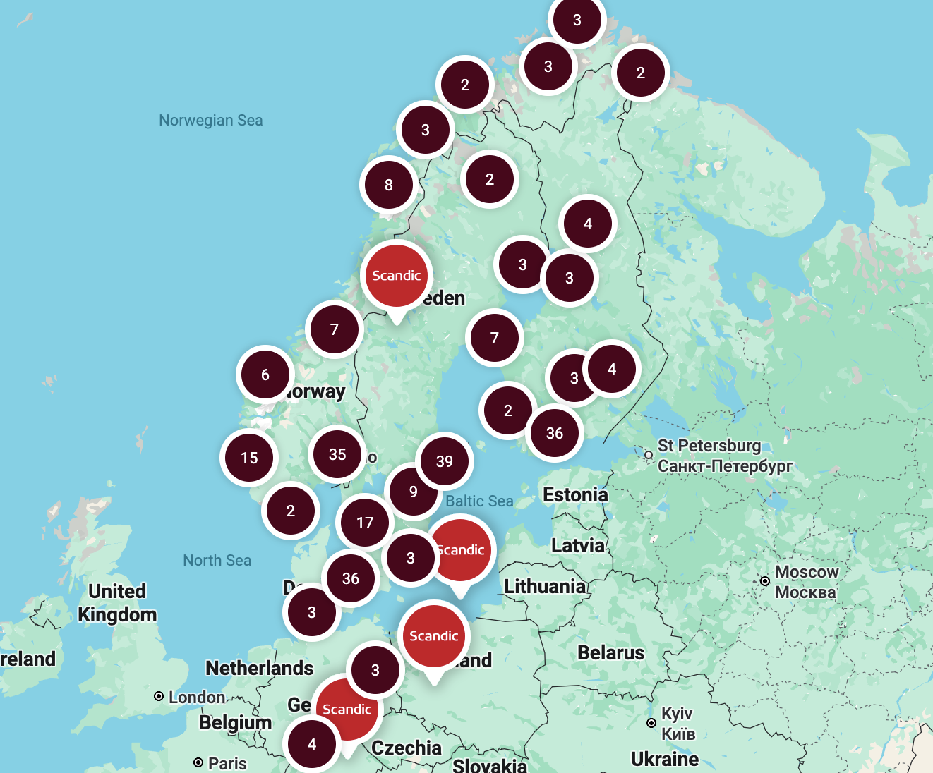 Scandic hotels map